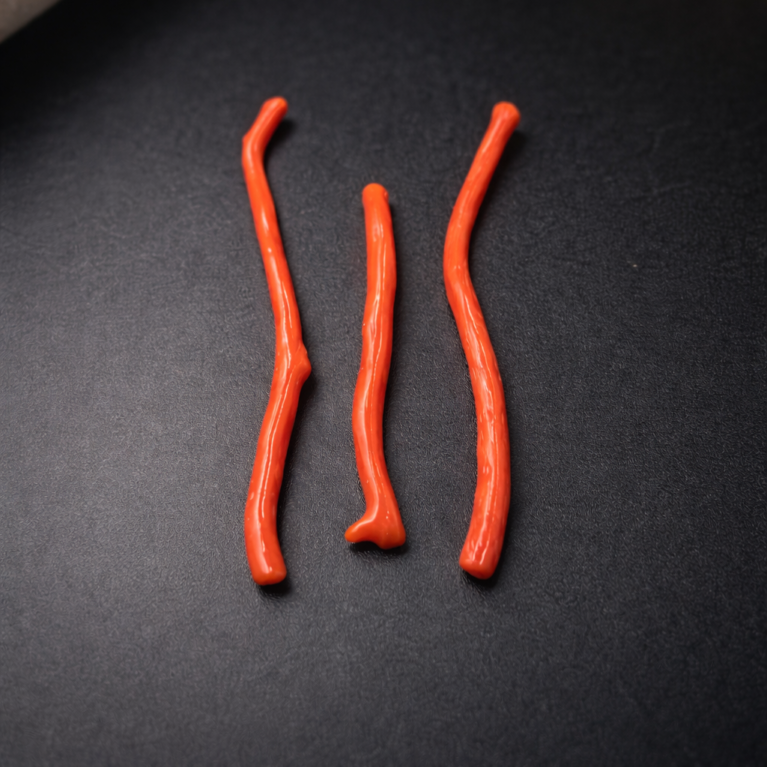 Natural Italian red coral polished long straight branches 3 pieces lot