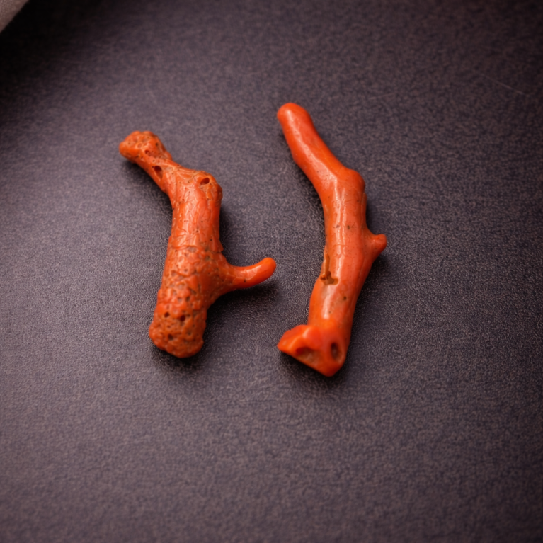 Natural Italian Red Coral Polished Branches Pair with Vintage Natural Shape