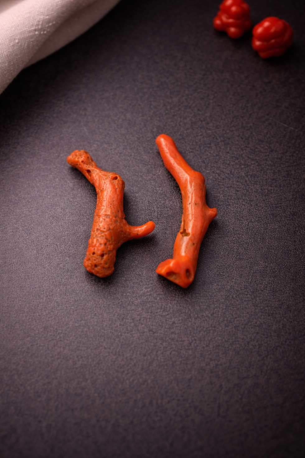 Natural Italian Red Coral Polished Branches Pair with Vintage Natural Shape