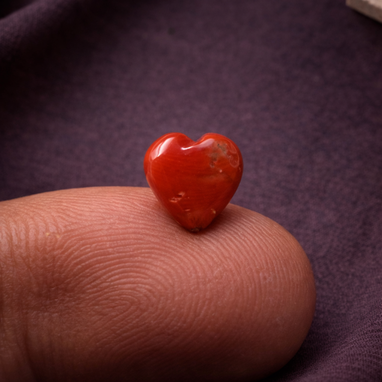 Natural Italian red coral high polished hand crafted heart shape stone