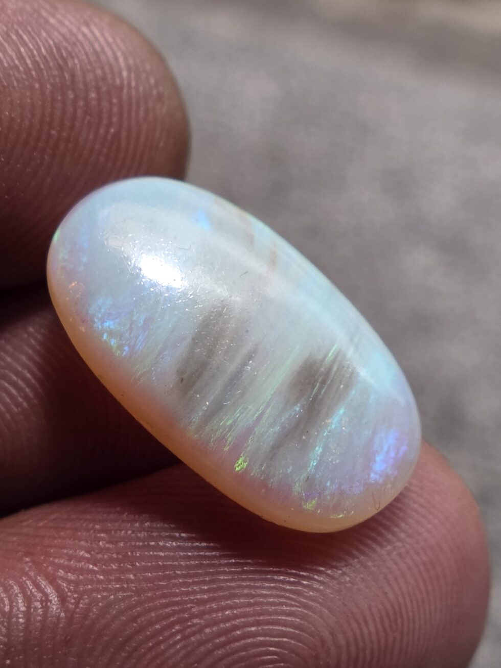 Natural white opal long oval cabochon with green fire loose gemstone for jewelry making