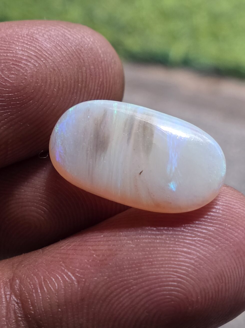 Natural white opal long oval cabochon with green fire loose gemstone for jewelry making