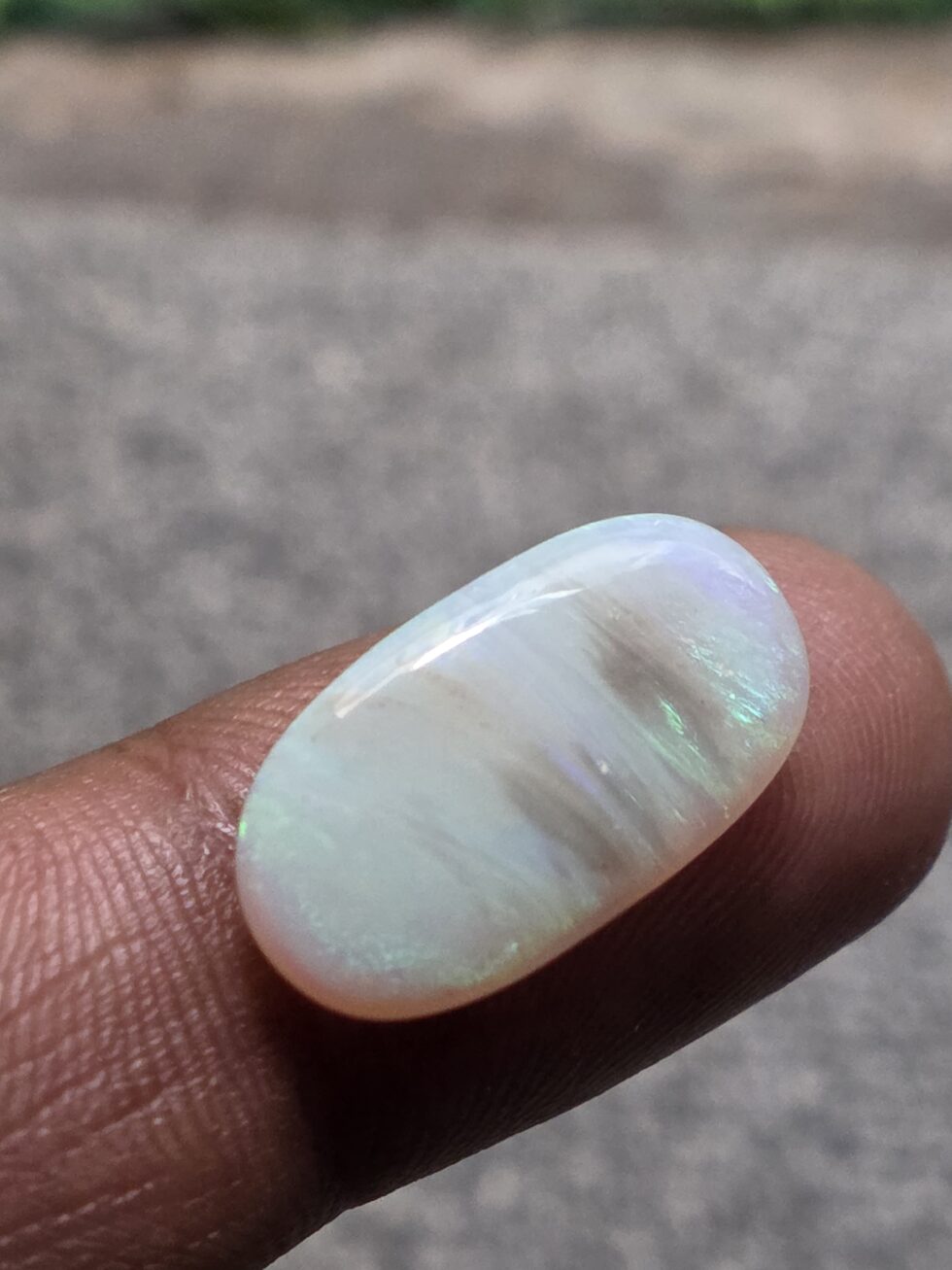 Natural white opal long oval cabochon with green fire loose gemstone for jewelry making