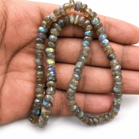 Natural labradorite faceted rondelle gemstone beads strand with blue flash for jewelry making and DIY craft supplies