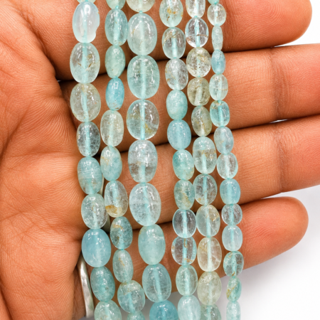 Natural smooth oval aquamarine gemstone beads strand for jewelry making and luxury DIY craft supplies