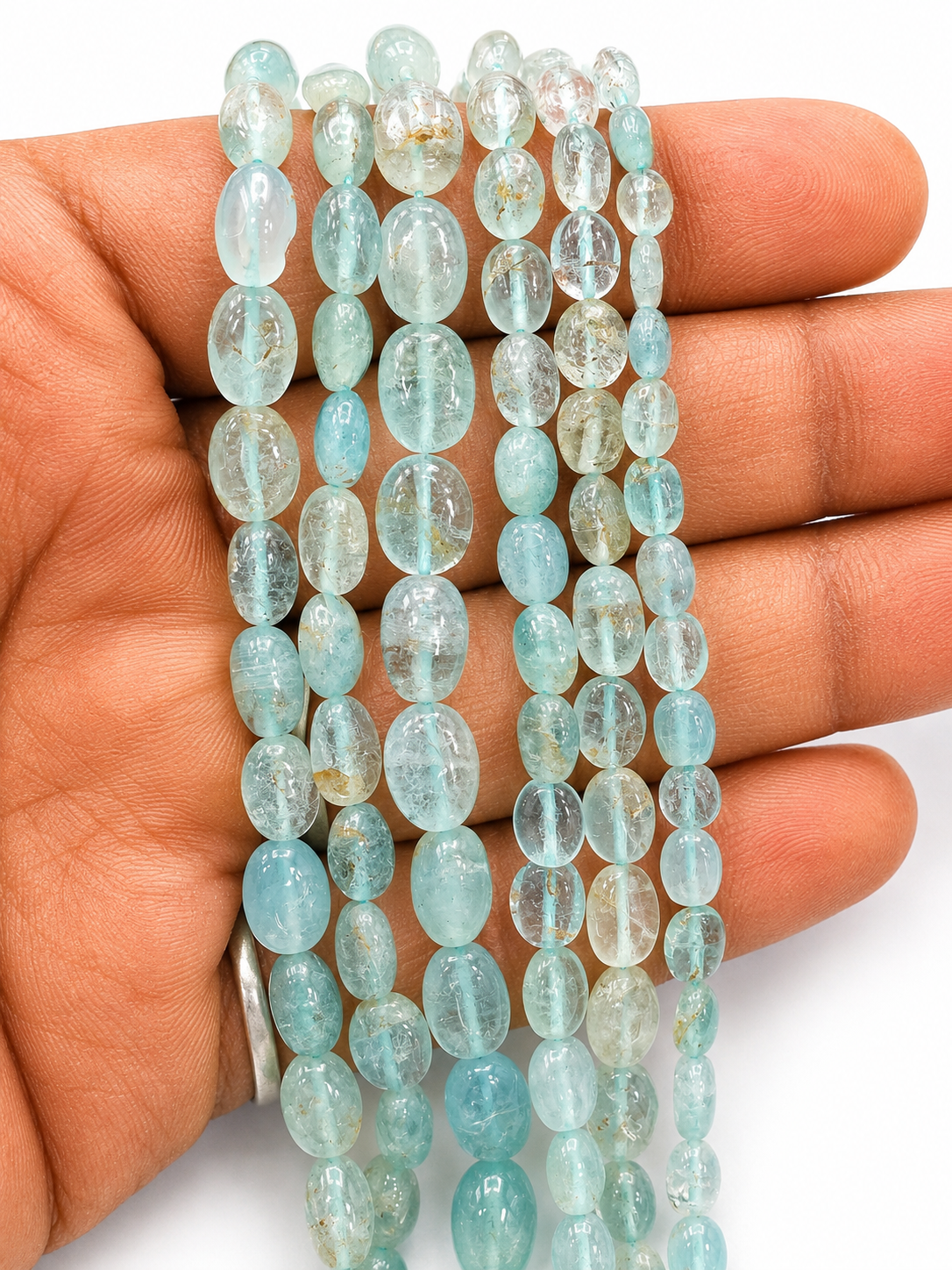 Natural smooth oval aquamarine gemstone beads strand for jewelry making and luxury DIY craft supplies